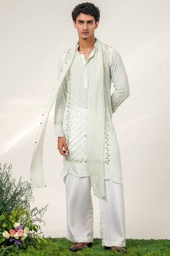 Cruise blue and ivory embroidered crepe and nysha silk kurta set with dupatta
