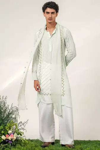 Cruise blue and ivory embroidered crepe and nysha silk kurta set with dupatta