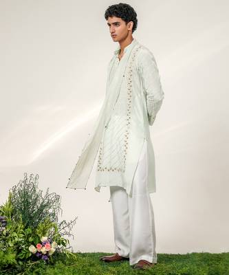 Cruise blue and ivory embroidered crepe and nysha silk kurta set with dupatta 2