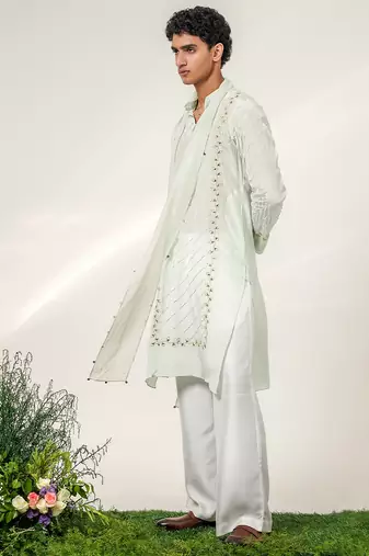 Cruise blue and ivory embroidered crepe and nysha silk kurta set with dupatta