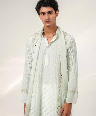 Cruise blue and ivory embroidered crepe and nysha silk kurta set with dupatta 3