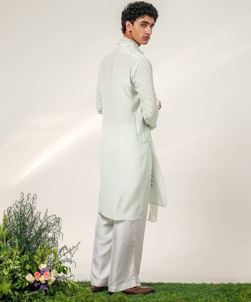 Cruise blue and ivory embroidered crepe and nysha silk kurta set with dupatta