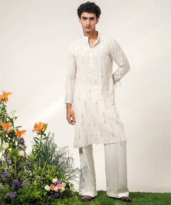 Ivory embroidered cotton and nysha silk kurta pant set 1