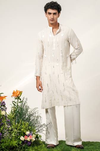 Ivory embroidered cotton and nysha silk kurta pant set