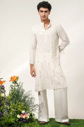 Ivory embroidered cotton and nysha silk kurta pant set