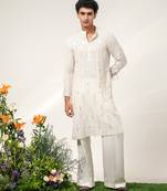 Ivory embroidered cotton and nysha silk kurta pant set