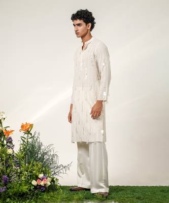 Ivory embroidered cotton and nysha silk kurta pant set 2
