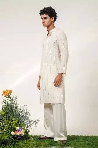 Ivory embroidered cotton and nysha silk kurta pant set