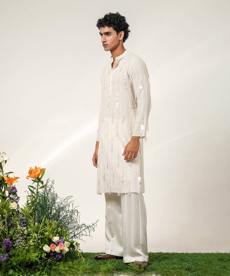 Ivory embroidered cotton and nysha silk kurta pant set