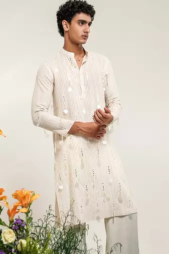 Ivory embroidered cotton and nysha silk kurta pant set