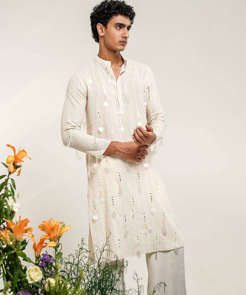 Ivory embroidered cotton and nysha silk kurta pant set