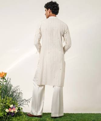 Ivory embroidered cotton and nysha silk kurta pant set 4