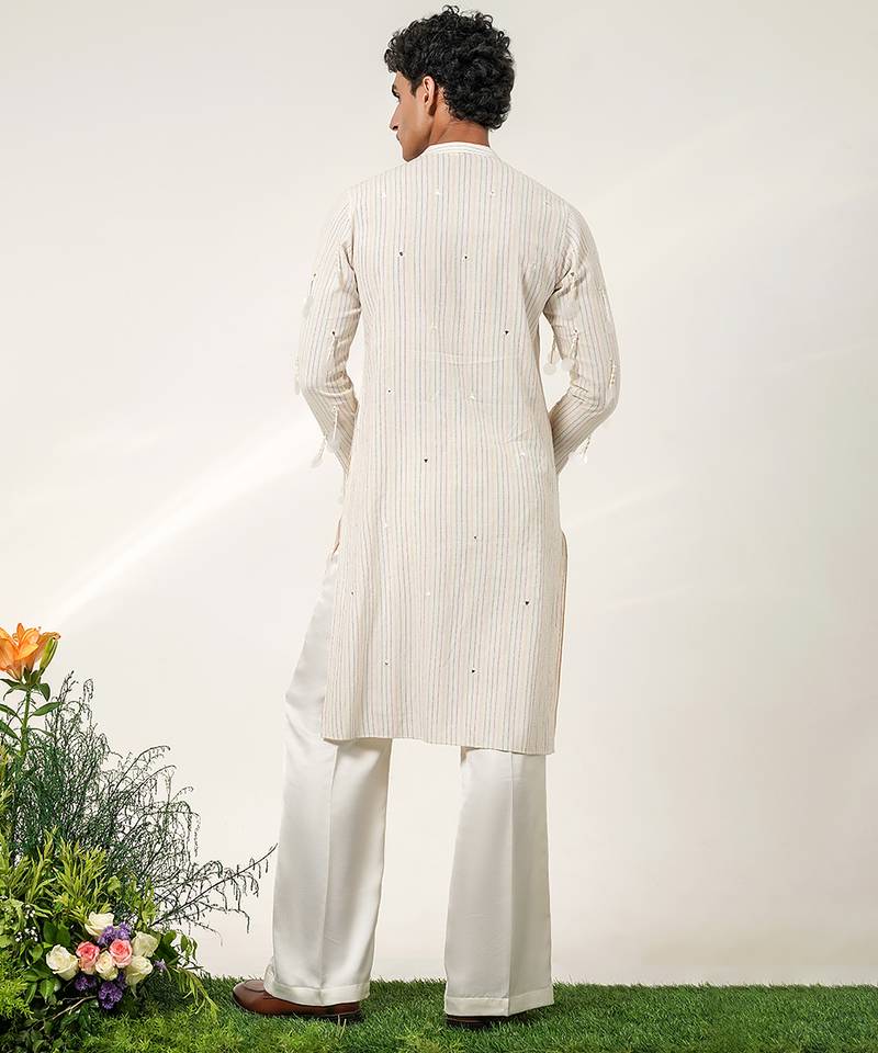 Ivory embroidered cotton and nysha silk kurta pant set