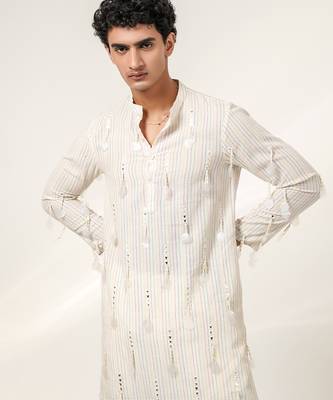 Ivory embroidered cotton and nysha silk kurta pant set 5
