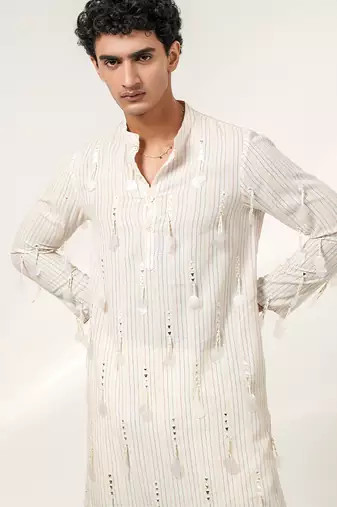 Ivory embroidered cotton and nysha silk kurta pant set