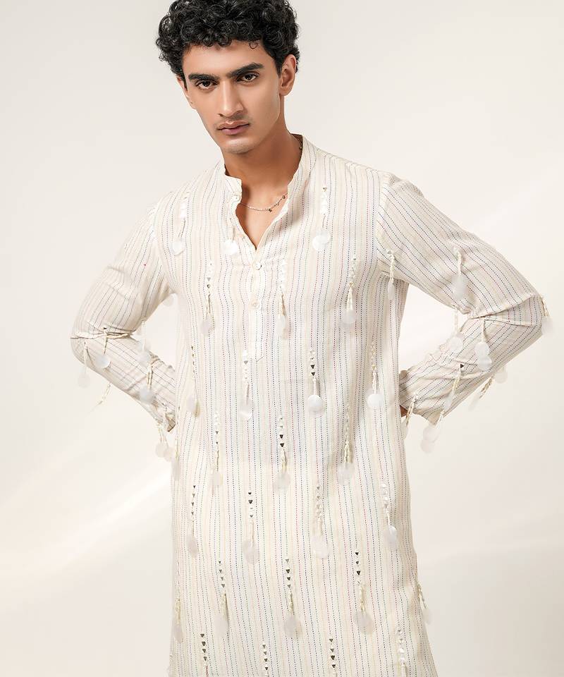 Ivory embroidered cotton and nysha silk kurta pant set