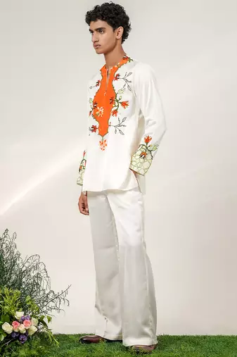 Ivory and tangerine orange printed nysha silk short kurta and pant set