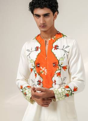 Ivory and tangerine orange printed nysha silk short kurta and pant set 4