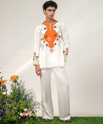 Ivory and tangerine orange printed nysha silk short kurta and pant set 5