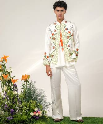 Ivory and tangerine orange printed nysha silk bandhgala with kurta and pant set 1