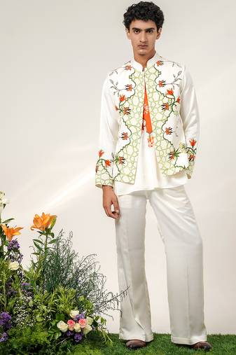 Ivory and tangerine orange printed nysha silk bandhgala with kurta and pant set