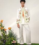 Ivory and tangerine orange printed nysha silk bandhgala with kurta and pant set