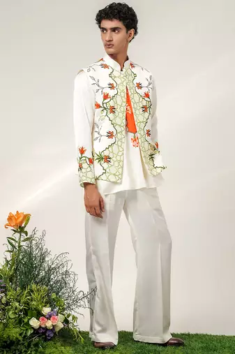 Ivory and tangerine orange printed nysha silk bandhgala with kurta and pant set