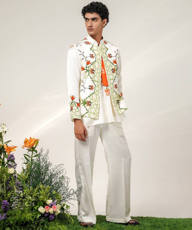 Ivory and tangerine orange printed nysha silk bandhgala with kurta and pant set
