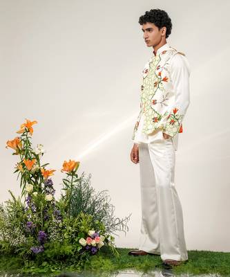 Ivory and tangerine orange printed nysha silk bandhgala with kurta and pant set 3