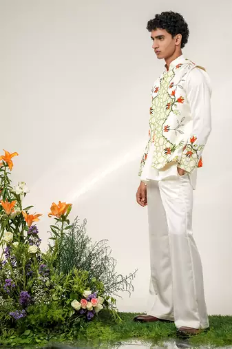 Ivory and tangerine orange printed nysha silk bandhgala with kurta and pant set