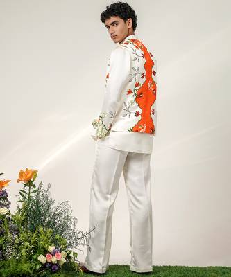 Ivory and tangerine orange printed nysha silk bandhgala with kurta and pant set 4