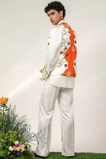 Ivory and tangerine orange printed nysha silk bandhgala with kurta and pant set