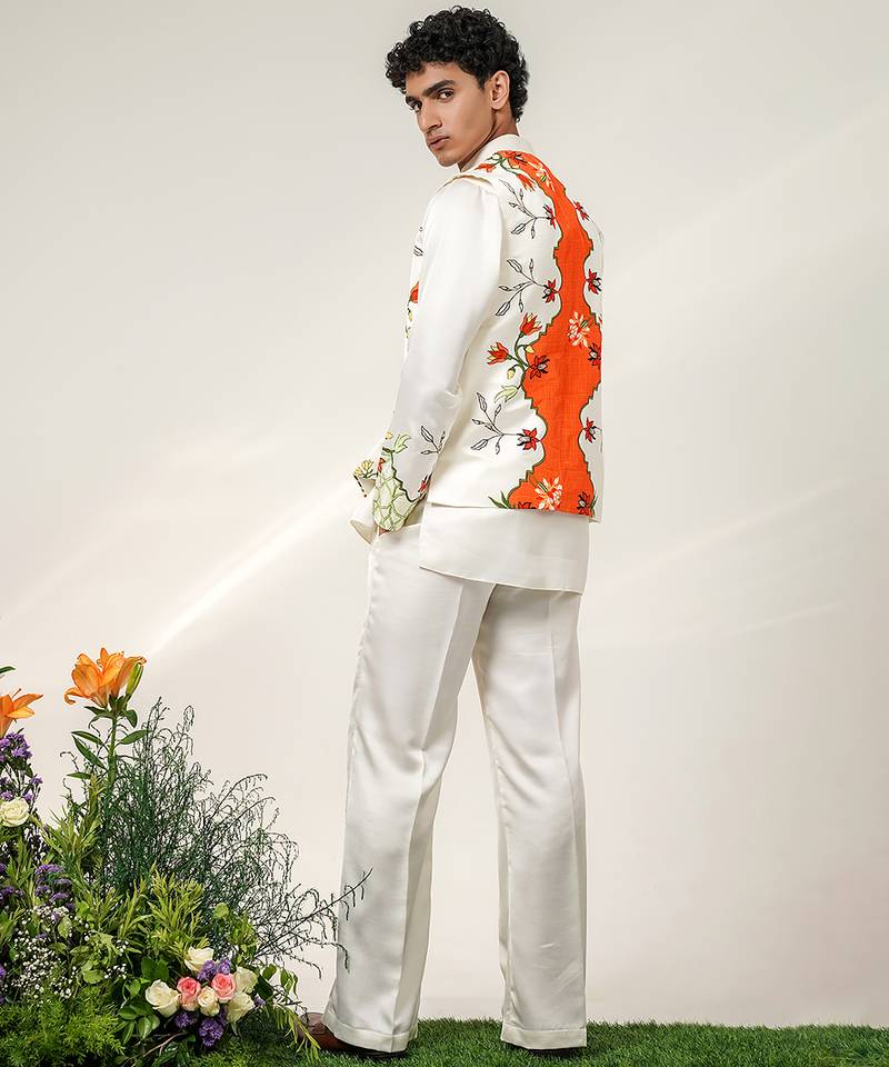 Ivory and tangerine orange printed nysha silk bandhgala with kurta and pant set