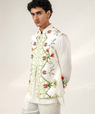 Ivory and tangerine orange printed nysha silk bandhgala with kurta and pant set 5