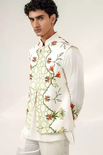 Ivory and tangerine orange printed nysha silk bandhgala with kurta and pant set