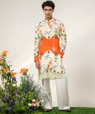 Ivory and tangerine ornage printed crepe and nysha silk kurta and pant set 1