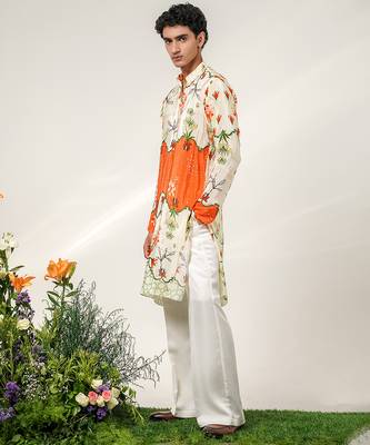 Ivory and tangerine ornage printed crepe and nysha silk kurta and pant set 2