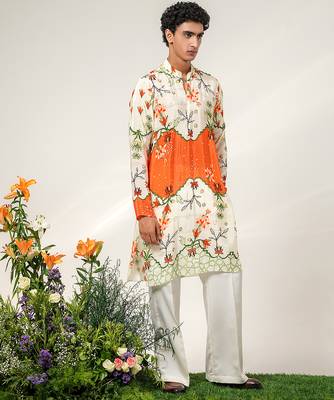 Ivory and tangerine ornage printed crepe and nysha silk kurta and pant set 3