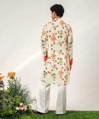 Ivory and tangerine ornage printed crepe and nysha silk kurta and pant set 4