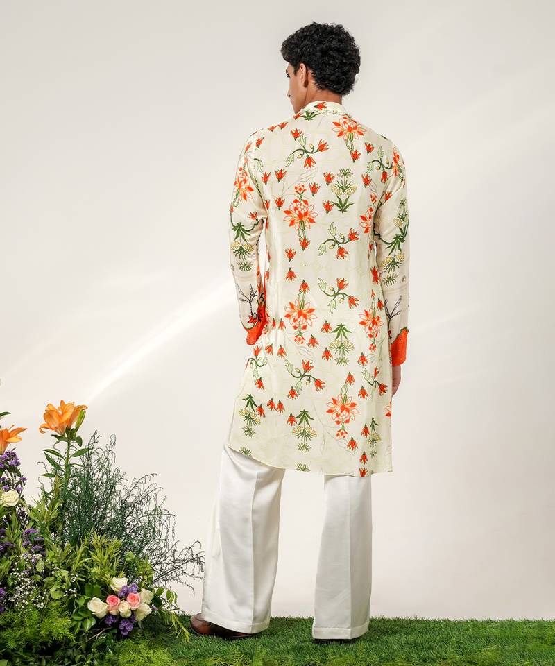 Ivory and tangerine ornage printed crepe and nysha silk kurta and pant set