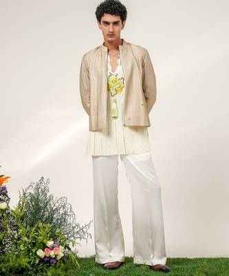 Gold and ivory embroidered tissue georgette bandhgala with kurta and pant set 1