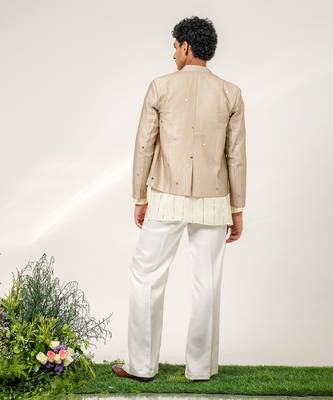 Gold and ivory embroidered tissue georgette bandhgala with kurta and pant set 2