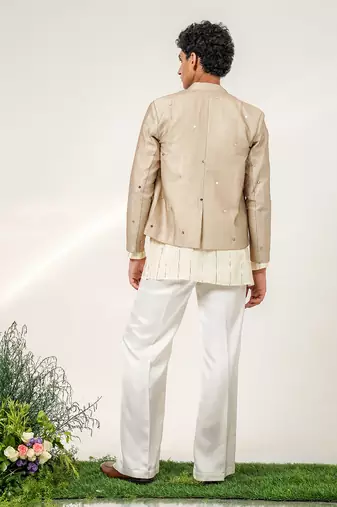 Gold and ivory embroidered tissue georgette bandhgala with kurta and pant set