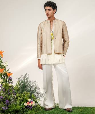 Gold and ivory embroidered tissue georgette bandhgala with kurta and pant set 3