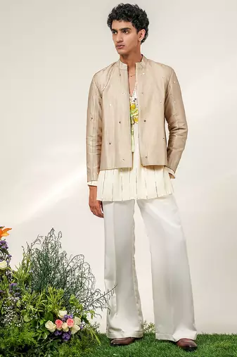 Gold and ivory embroidered tissue georgette bandhgala with kurta and pant set