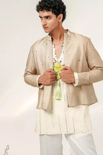 Gold and ivory embroidered tissue georgette bandhgala with kurta and pant set