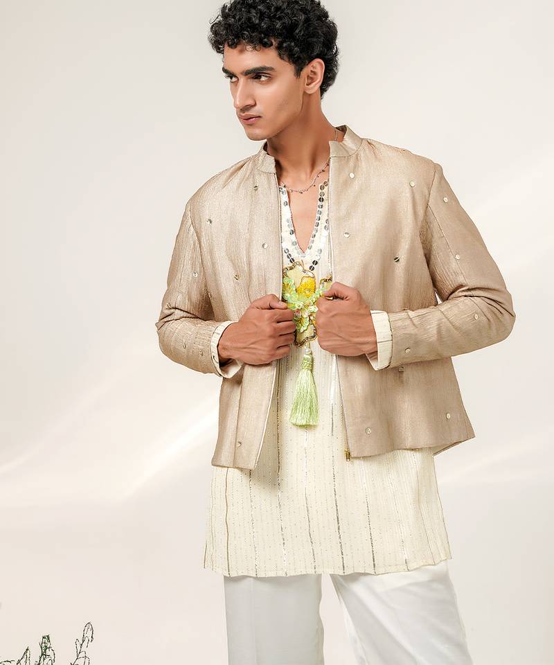 Gold and ivory embroidered tissue georgette bandhgala with kurta and pant set