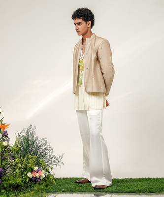 Gold and ivory embroidered tissue georgette bandhgala with kurta and pant set 5
