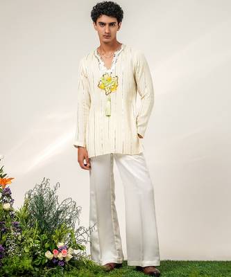 Ivory embroidered georgette and nysha silk kurta and pant set 1