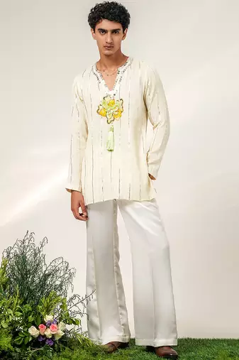 Ivory embroidered georgette and nysha silk kurta and pant set